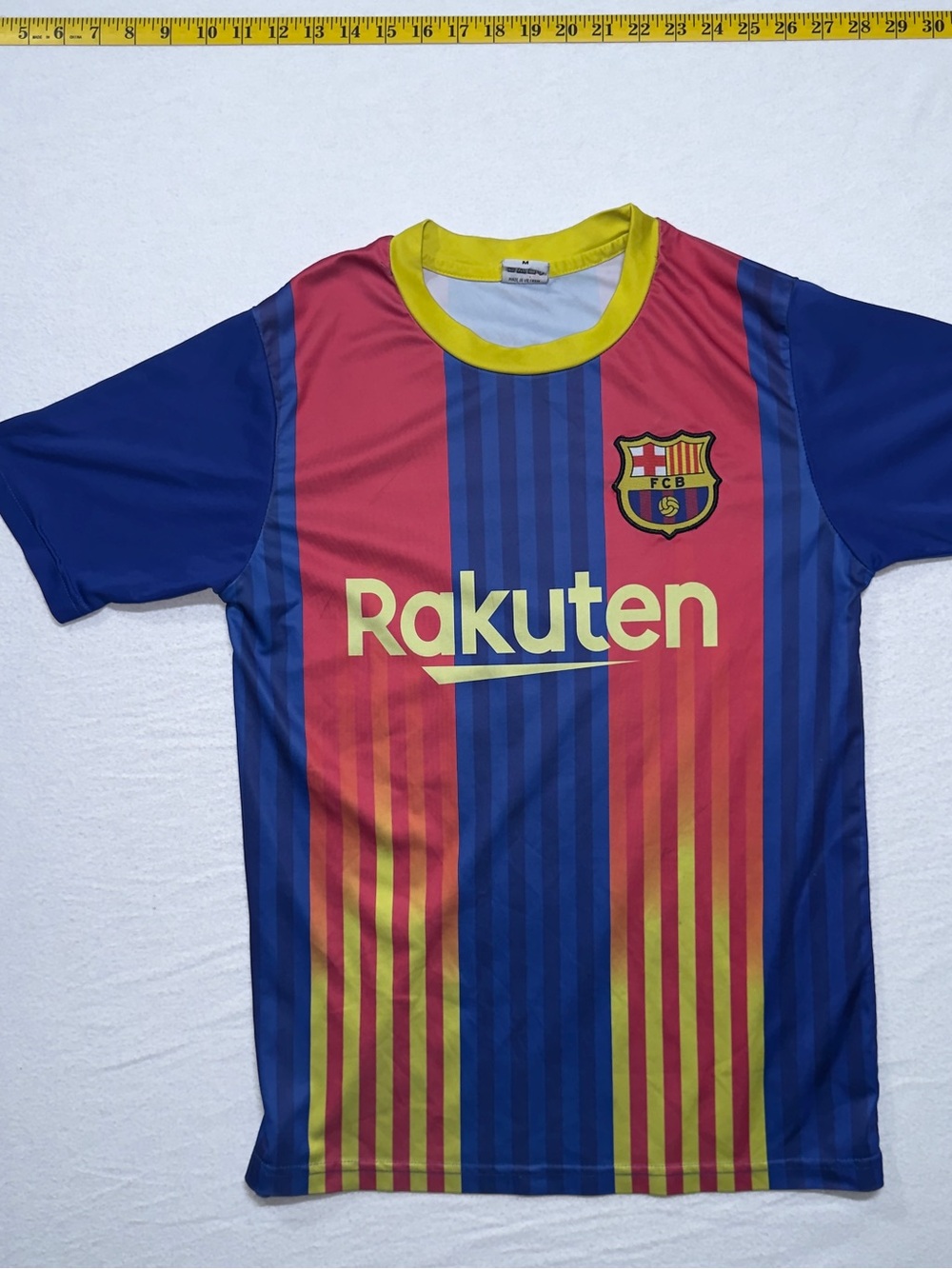 Men's Blue and Red Striped Soccer Jersey with Yellow Trim